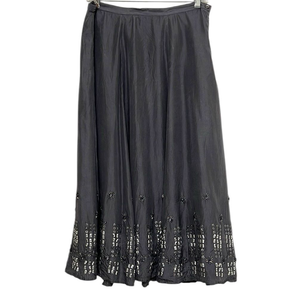 Chico’s Silk Beaded Sequin Midi Skirt Gray Size 1 (8)